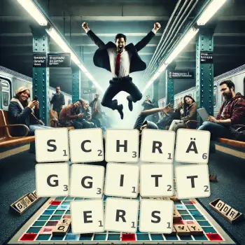 Kreative Illustration für ein Scrabble-Spiel, bei dem das Wort SCHRÄGGITTERS mit Steinen auf dem Brett gelegt wurde.