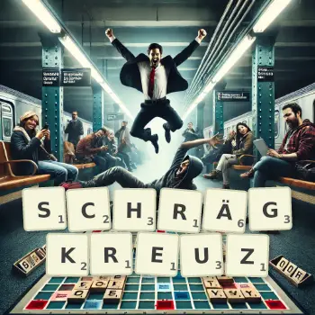 Kreative Illustration für ein Scrabble-Spiel, bei dem das Wort SCHRÄGKREUZ mit Steinen auf dem Brett gelegt wurde.