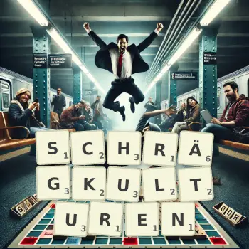 Kreative Illustration für ein Scrabble-Spiel, bei dem das Wort SCHRÄGKULTUREN mit Steinen auf dem Brett gelegt wurde.