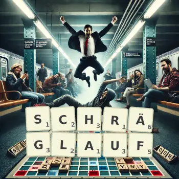 Kreative Illustration für ein Scrabble-Spiel, bei dem das Wort SCHRÄGLAUF mit Steinen auf dem Brett gelegt wurde.