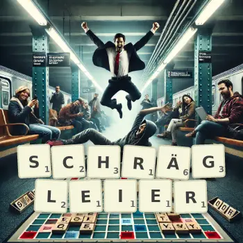 Kreative Illustration für ein Scrabble-Spiel, bei dem das Wort SCHRÄGLEIER mit Steinen auf dem Brett gelegt wurde.
