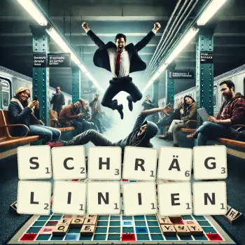 Kreative Illustration für ein Scrabble-Spiel, bei dem das Wort SCHRÄGLINIEN mit Steinen auf dem Brett gelegt wurde.
