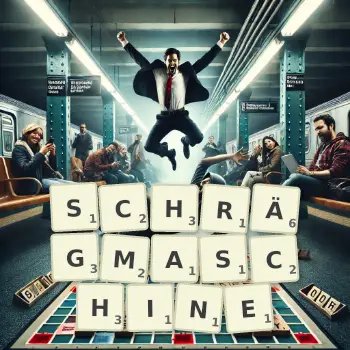 Kreative Illustration für ein Scrabble-Spiel, bei dem das Wort SCHRÄGMASCHINE mit Steinen auf dem Brett gelegt wurde.