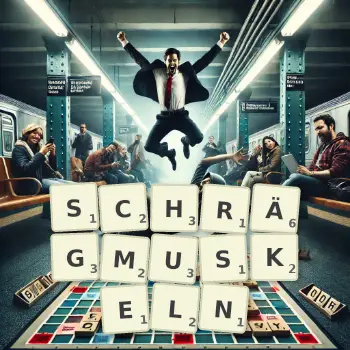 Kreative Illustration für ein Scrabble-Spiel, bei dem das Wort SCHRÄGMUSKELN mit Steinen auf dem Brett gelegt wurde.