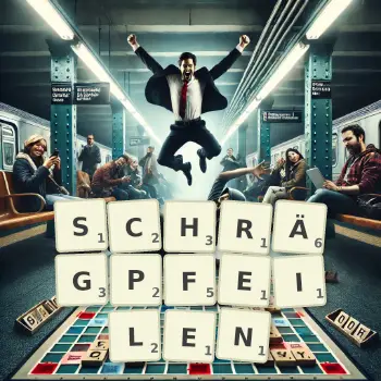 Kreative Illustration für ein Scrabble-Spiel, bei dem das Wort SCHRÄGPFEILEN mit Steinen auf dem Brett gelegt wurde.