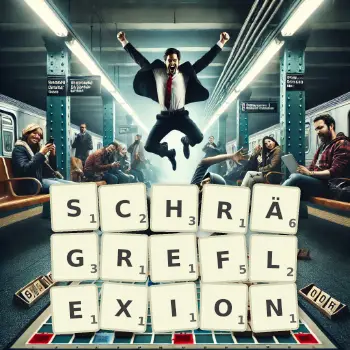 Kreative Illustration für ein Scrabble-Spiel, bei dem das Wort SCHRÄGREFLEXION mit Steinen auf dem Brett gelegt wurde.