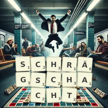Kreative Illustration für ein Scrabble-Spiel, bei dem das Wort SCHRÄGSCHACHT mit Steinen auf dem Brett gelegt wurde.
