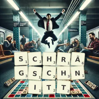 Kreative Illustration für ein Scrabble-Spiel, bei dem das Wort SCHRÄGSCHNITT mit Steinen auf dem Brett gelegt wurde.