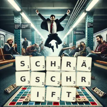 Kreative Illustration für ein Scrabble-Spiel, bei dem das Wort SCHRÄGSCHRIFT mit Steinen auf dem Brett gelegt wurde.
