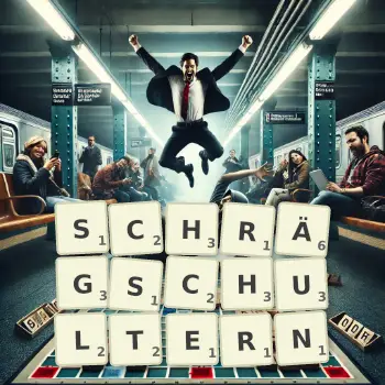 Kreative Illustration für ein Scrabble-Spiel, bei dem das Wort SCHRÄGSCHULTERN mit Steinen auf dem Brett gelegt wurde.