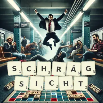 Kreative Illustration für ein Scrabble-Spiel, bei dem das Wort SCHRÄGSICHT mit Steinen auf dem Brett gelegt wurde.