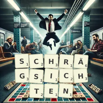 Kreative Illustration für ein Scrabble-Spiel, bei dem das Wort SCHRÄGSICHTEN mit Steinen auf dem Brett gelegt wurde.