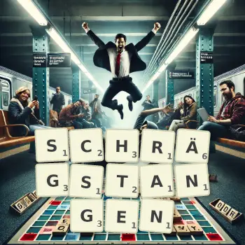 Kreative Illustration für ein Scrabble-Spiel, bei dem das Wort SCHRÄGSTANGEN mit Steinen auf dem Brett gelegt wurde.