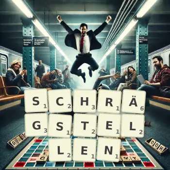 Kreative Illustration für ein Scrabble-Spiel, bei dem das Wort SCHRÄGSTELLEN mit Steinen auf dem Brett gelegt wurde.
