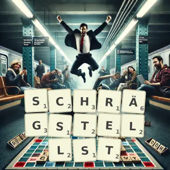 Kreative Illustration für ein Scrabble-Spiel, bei dem das Wort SCHRÄGSTELLST mit Steinen auf dem Brett gelegt wurde.