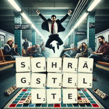 Kreative Illustration für ein Scrabble-Spiel, bei dem das Wort SCHRÄGSTELLTE mit Steinen auf dem Brett gelegt wurde.