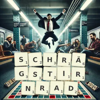 Kreative Illustration für ein Scrabble-Spiel, bei dem das Wort SCHRÄGSTIRNRAD mit Steinen auf dem Brett gelegt wurde.