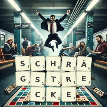 Kreative Illustration für ein Scrabble-Spiel, bei dem das Wort SCHRÄGSTRECKE mit Steinen auf dem Brett gelegt wurde.