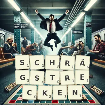 Kreative Illustration für ein Scrabble-Spiel, bei dem das Wort SCHRÄGSTRECKEN mit Steinen auf dem Brett gelegt wurde.