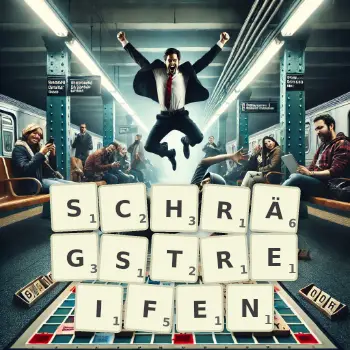 Kreative Illustration für ein Scrabble-Spiel, bei dem das Wort SCHRÄGSTREIFEN mit Steinen auf dem Brett gelegt wurde.