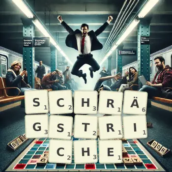 Kreative Illustration für ein Scrabble-Spiel, bei dem das Wort SCHRÄGSTRICHE mit Steinen auf dem Brett gelegt wurde.