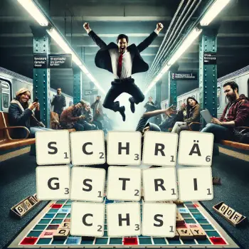 Kreative Illustration für ein Scrabble-Spiel, bei dem das Wort SCHRÄGSTRICHS mit Steinen auf dem Brett gelegt wurde.