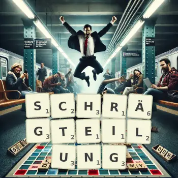 Kreative Illustration für ein Scrabble-Spiel, bei dem das Wort SCHRÄGTEILUNG mit Steinen auf dem Brett gelegt wurde.
