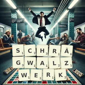 Kreative Illustration für ein Scrabble-Spiel, bei dem das Wort SCHRÄGWALZWERK mit Steinen auf dem Brett gelegt wurde.