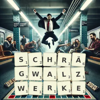 Kreative Illustration für ein Scrabble-Spiel, bei dem das Wort SCHRÄGWALZWERKE mit Steinen auf dem Brett gelegt wurde.