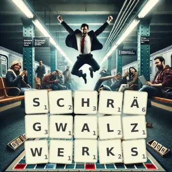 Kreative Illustration für ein Scrabble-Spiel, bei dem das Wort SCHRÄGWALZWERKS mit Steinen auf dem Brett gelegt wurde.