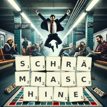Kreative Illustration für ein Scrabble-Spiel, bei dem das Wort SCHRÄMMASCHINE mit Steinen auf dem Brett gelegt wurde.