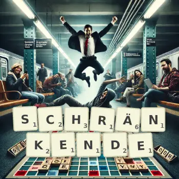 Kreative Illustration für ein Scrabble-Spiel, bei dem das Wort SCHRÄNKENDE mit Steinen auf dem Brett gelegt wurde.