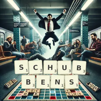 Kreative Illustration für ein Scrabble-Spiel, bei dem das Wort SCHUBBENS mit Steinen auf dem Brett gelegt wurde.