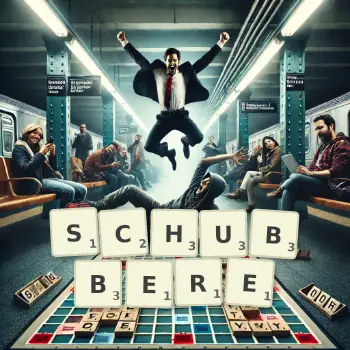 Kreative Illustration für ein Scrabble-Spiel, bei dem das Wort SCHUBBERE mit Steinen auf dem Brett gelegt wurde.