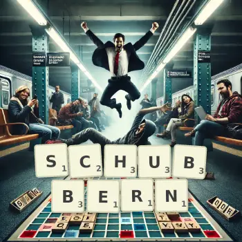 Kreative Illustration für ein Scrabble-Spiel, bei dem das Wort SCHUBBERN mit Steinen auf dem Brett gelegt wurde.