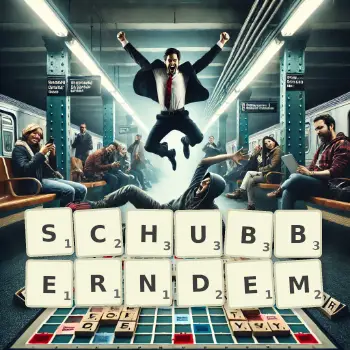 Kreative Illustration für ein Scrabble-Spiel, bei dem das Wort SCHUBBERNDEM mit Steinen auf dem Brett gelegt wurde.