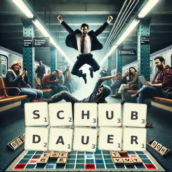 Kreative Illustration für ein Scrabble-Spiel, bei dem das Wort SCHUBDAUER mit Steinen auf dem Brett gelegt wurde.