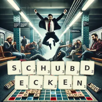 Kreative Illustration für ein Scrabble-Spiel, bei dem das Wort SCHUBDECKEN mit Steinen auf dem Brett gelegt wurde.