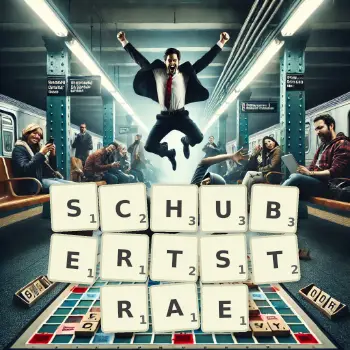 Kreative Illustration für ein Scrabble-Spiel, bei dem das Wort SCHUBERTSTRAE mit Steinen auf dem Brett gelegt wurde.