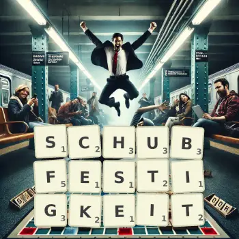 Kreative Illustration für ein Scrabble-Spiel, bei dem das Wort SCHUBFESTIGKEIT mit Steinen auf dem Brett gelegt wurde.