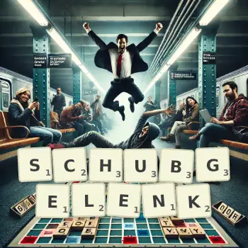 Kreative Illustration für ein Scrabble-Spiel, bei dem das Wort SCHUBGELENK mit Steinen auf dem Brett gelegt wurde.