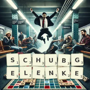 Kreative Illustration für ein Scrabble-Spiel, bei dem das Wort SCHUBGELENKE mit Steinen auf dem Brett gelegt wurde.