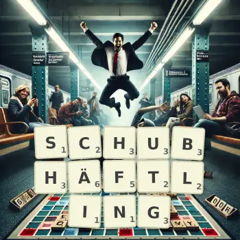 Kreative Illustration für ein Scrabble-Spiel, bei dem das Wort SCHUBHÄFTLING mit Steinen auf dem Brett gelegt wurde.