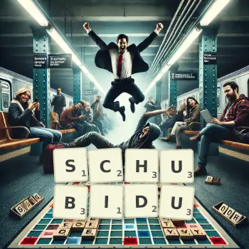 Kreative Illustration für ein Scrabble-Spiel, bei dem das Wort SCHUBIDU mit Steinen auf dem Brett gelegt wurde.