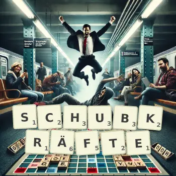 Kreative Illustration für ein Scrabble-Spiel, bei dem das Wort SCHUBKRÄFTE mit Steinen auf dem Brett gelegt wurde.
