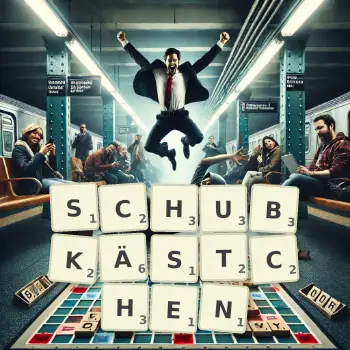 Kreative Illustration für ein Scrabble-Spiel, bei dem das Wort SCHUBKÄSTCHEN mit Steinen auf dem Brett gelegt wurde.