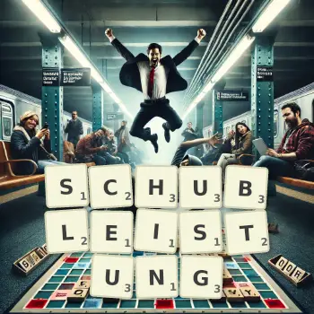 Kreative Illustration für ein Scrabble-Spiel, bei dem das Wort SCHUBLEISTUNG mit Steinen auf dem Brett gelegt wurde.