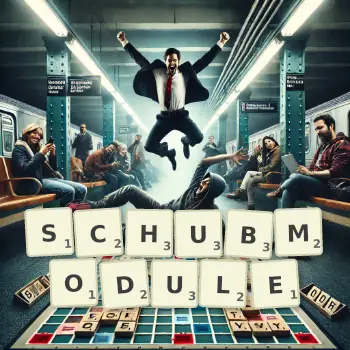 Kreative Illustration für ein Scrabble-Spiel, bei dem das Wort SCHUBMODULE mit Steinen auf dem Brett gelegt wurde.