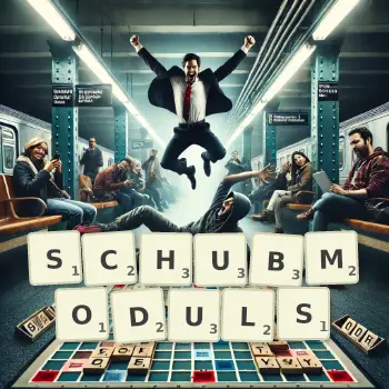 Kreative Illustration für ein Scrabble-Spiel, bei dem das Wort SCHUBMODULS mit Steinen auf dem Brett gelegt wurde.