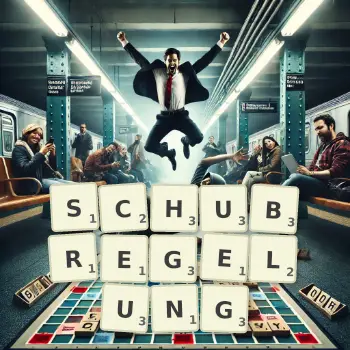 Kreative Illustration für ein Scrabble-Spiel, bei dem das Wort SCHUBREGELUNG mit Steinen auf dem Brett gelegt wurde.